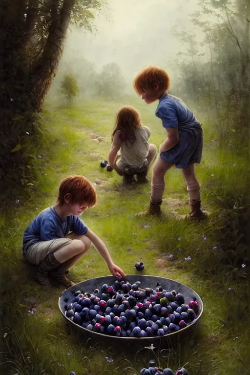 Image similar to kids picking huge blueberries | esoteric symbolism | jean - baptiste monge, esao andrews, bastien lecouffe - deharme, tim jacobus, ken currie | ultra - detailed realism, soft cinematic lighting, hi - fructose, artstation, high - quality, ink watercolors wes anderson poster art