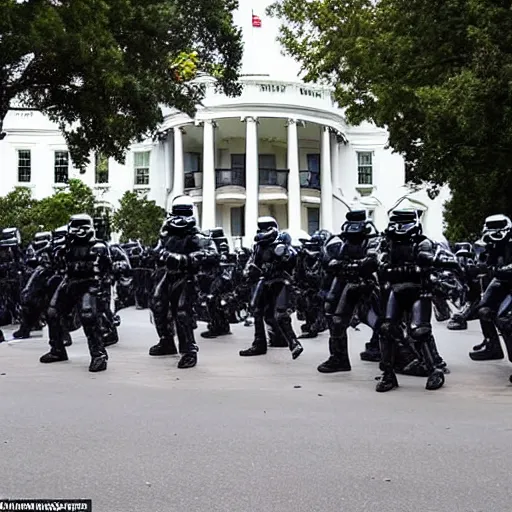 Image similar to a still candid image of hundreds of stormtropers rioting in front of a the white house in washington.!!!, flaming torches and pitchforks