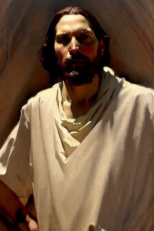 Image similar to leyendecker and solomon joseph solomon and richard schmid and jeremy lipking victorian loose genre loose painting full length portrait painting of jesus