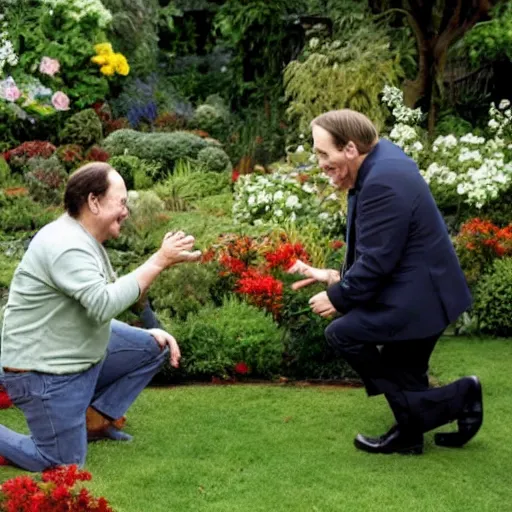 Image similar to danny devito proposing to steve buscemi in a romantic garden