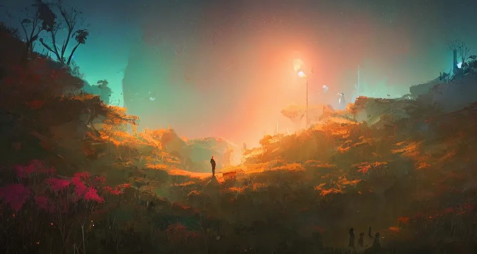 Prompt: concept art by jama jurabaev and ismail inceoglu and sparth, cel shaded, cinematic shot, chile, santiago, trending on artstation, high quality, brush stroke, vibrant colors, under the silent night sky, mysterious canyon streams, lawns, fluorescent spots, luminous flowers, and lonely atmosphere