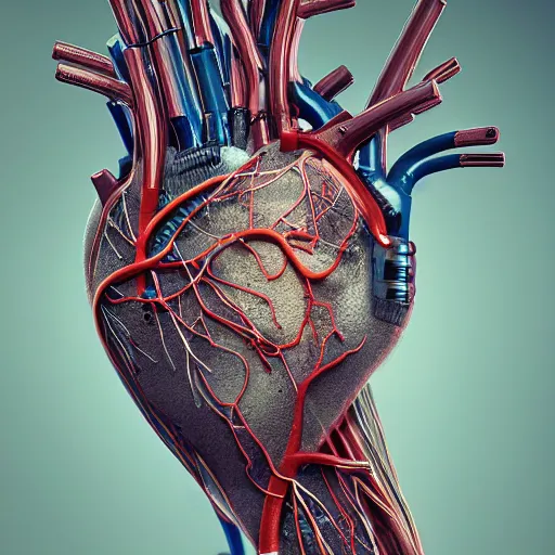 Image similar to a human heart, revealing wires and electronics, arteries, veins, human heart, anatomy, sci - fi, missing panels, intricate abstract upper body intricate artwork, concept art, octane render, deviantart, cinematic, key art, hyperrealism, iridescent accents, portrait photograph, nikon 3 5 mm, photograph by greg rutkowski