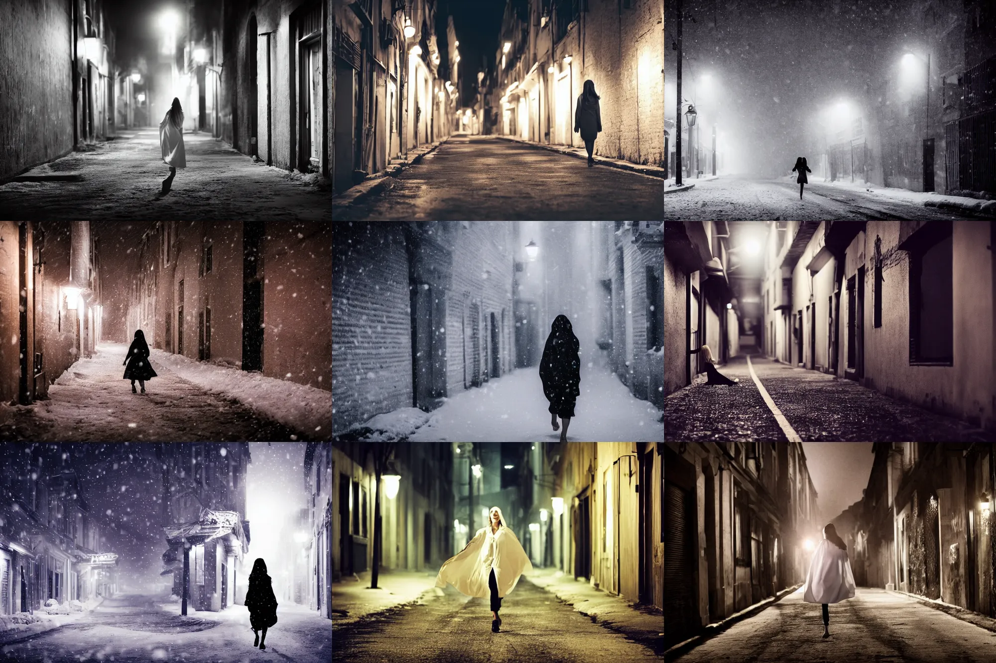 Prompt: woman 3 6 years old in one white bedsheet runs along a dark street in winter, cinematic, dark background