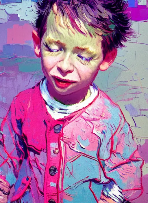 Image similar to portrait of a beautiful little boy, smiling, ecstatic, dancing, eyes closed, open mouth, shades of pink and blue, beautiful face, rule of thirds, intricate outfit, spotlight, by greg rutkowski, by jeremy mann, by francoise nielly, by van gogh, digital painting