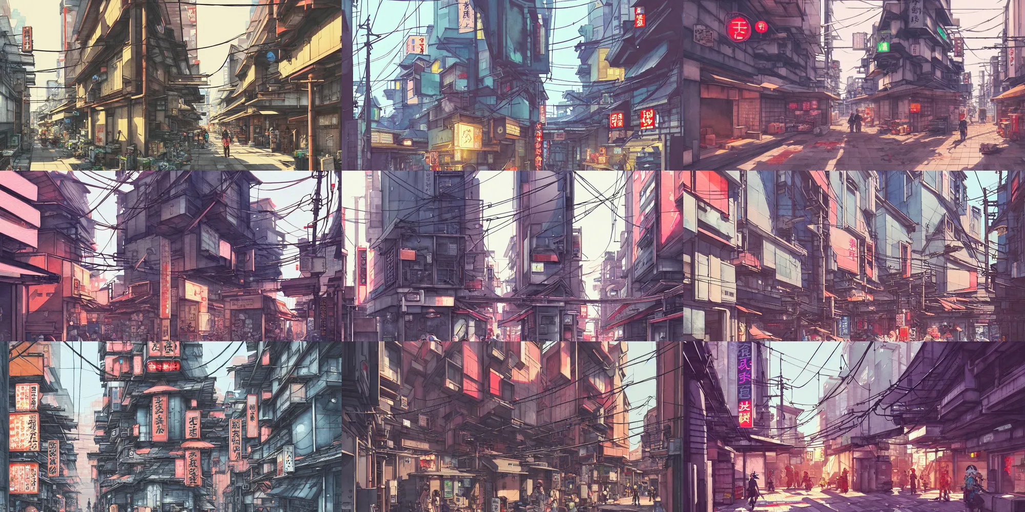 Prompt: japanese downtown, architecture, tokyo street, alleyway, in watercolor gouache detailed paintings, artstation, 8 k, big medium small, overwatch building, insanely detail, arcane, simon stalenhag, cyberpunk, food stall