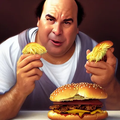 Prompt: portrait of a george Constanza eating a hamburger, extra onions and ketchup, luscious patty with sesame seeds, masculine, handsome, D&D, fantasy, intricate, elegant, highly detailed, digital painting, artstation, concept art, matte, sharp focus, illustration, art by Artgerm and Greg Rutkowski and Alphonse Mucha