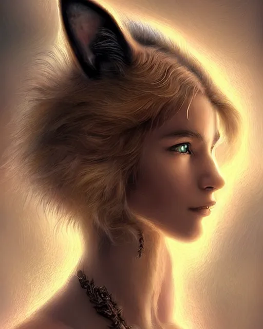 Image similar to majestic and beautiful young half half cat girl goddess!!, ears, tail, intricate, epic, elegant, menacing, fantasy, highly detailed, digital painting, hard focus, beautiful volumetric lighting, epic light, ultra detailed, souls, smoke, by leesha hannigan, ross tran, thierry doizon, kai carpenter, ignacio fernandez rios