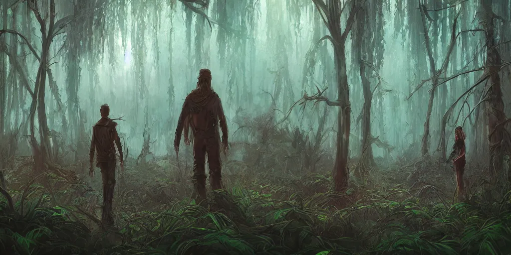 Image similar to reed - people in futuristic spiritual mystical post apocalyptic swampy forest in kazahstan drawn by ron gilbert, dim painterly volumetric aquatic lighting, scenic, beautiful, crisp, artstation, highly detailed