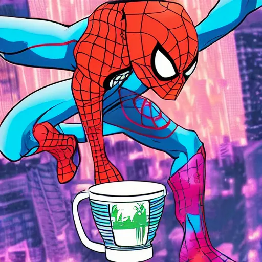 Prompt: The ultimate Spiderman drinking tea, vaporwave