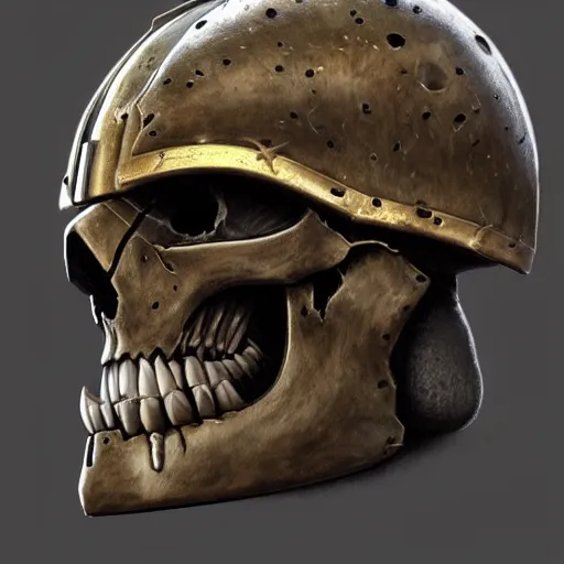 Image similar to space marine skull helmet, terrifying, grimdark, photorealistic, front view, symmetrical, artstation, art by brom