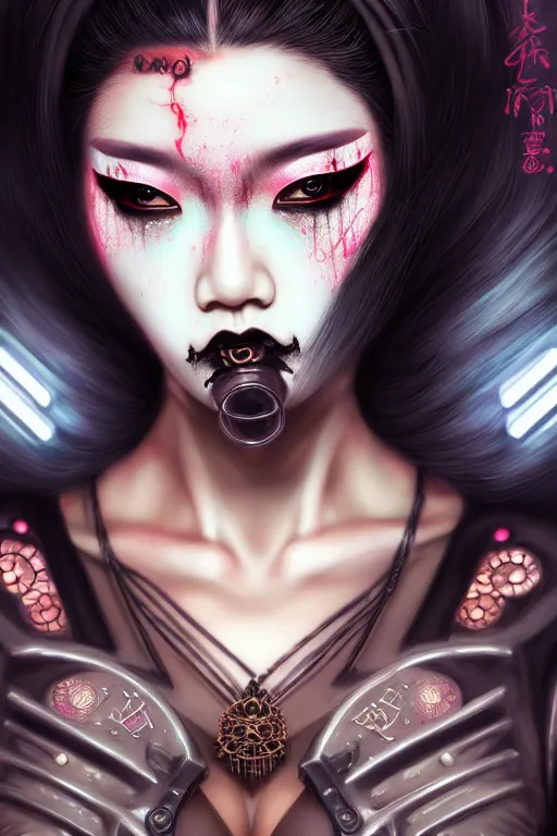 Image similar to soft lustrous ebony asian geisha goddess yakuza biotech raver gothic cyborg, cyberpunk city, urban decay, decay, underworld, dark art, highly detailed, digital painting, octane render, artstation, concept art, smooth, sharp focus, illustration, art by artgerm, loish, wlop