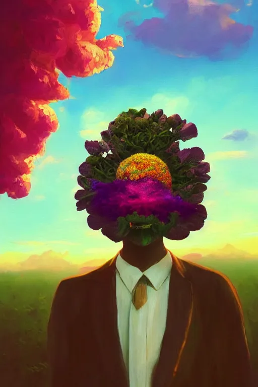 Prompt: portrait, huge flower as head, black woman in suit, surreal photography, golden hour, colorful clouds, impressionist painting, digital painting, artstation, simon stalenhag