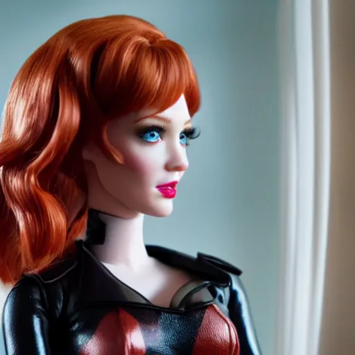 Image similar to amazing beautiful Christina Hendricks barbie doll wearing leather in the living room, film still from the movie directed by Denis Villeneuve , wide lens