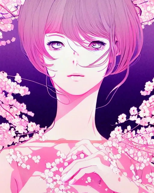 Image similar to beautiful girl in sakura supernova, detailed manga illustration!! intricate details, perfect face, perfect body, aesthetically pleasing pastel colors, poster background, aesthetic details, art by conrad roset and ilya kuvshinov