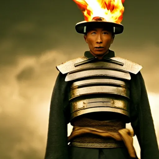 Image similar to cinematic film still Pharrell Williams starring as a Samurai holding fire, Japanese CGI, VFX, 2003, 40mm lens, shallow depth of field,film photography