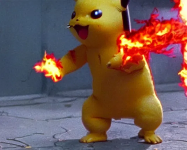 Image similar to Terminator pikachu on fire, scene from the 1980s film, still form the fiml