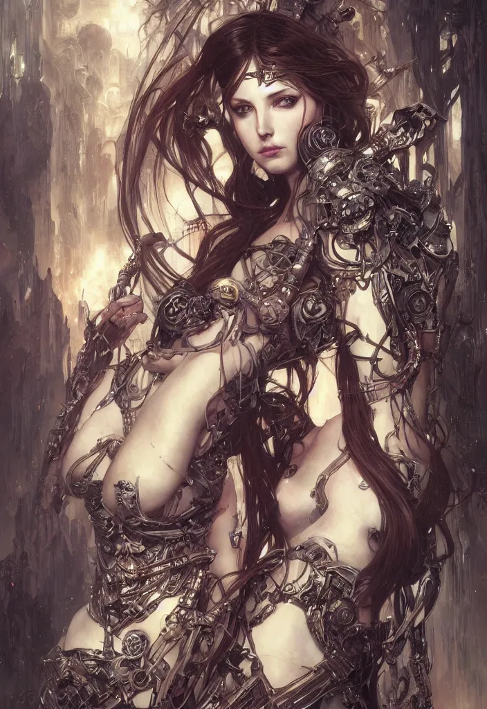 Image similar to portrait of beautiful pale gothic maiden, warhammer 40000, cyberpunk, intricate, elegant, highly detailed, digital painting, artstation, concept art, smooth, sharp focus, illustration, art by artgerm and greg rutkowski and alphonse mucha and Gustav Klimt