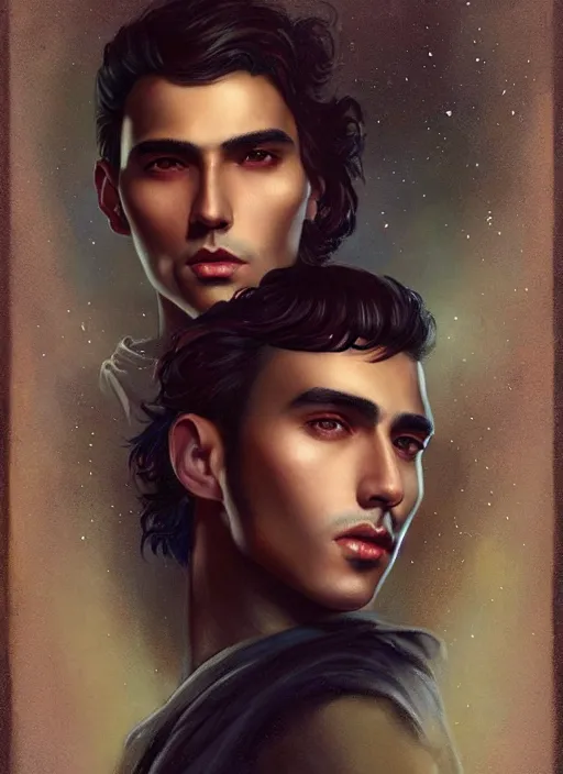 Image similar to a magical portrait of a handsome latino male gang member with dark brown eyes and short blackhair, art by manuel sanjulian and tom bagshaw