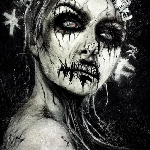 Image similar to close up portrait of a scandinavian rotting corpse zombie female with a veil and crown, satanic kvlt by peder balke by peder balke by greg rutkowski, by guido crepax by norman bluhm mystic high contrast monochromatic noir angst pagan magic symbols