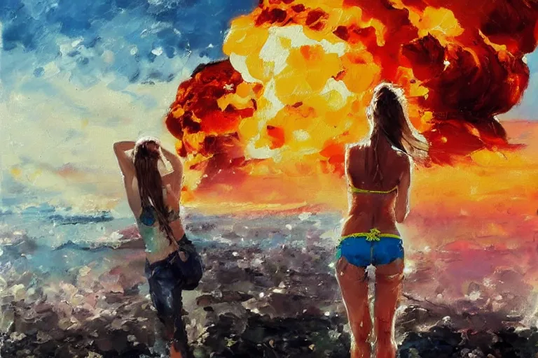 Image similar to girl with a ponytail wearing bikini looking at a nuclear bomb test, expressive oil painting, digital art, high quality, by michael garmash, by rob rey, by conrad roset, beautiful girl, apocalyptic, huge nuclear mushroom cloud
