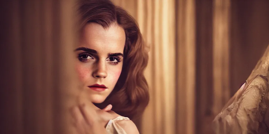 Prompt: colour portrait closeup!!!!! Emma Watson long hair flowing silk robes baroque room candles mirrors cinematic lighting cinematic lighting cinematic lighting stanley kubrick barry lyndon 4k canon 5d mk4