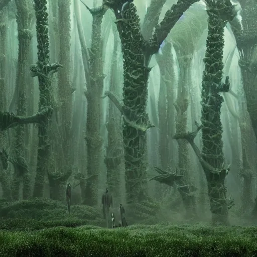 Image similar to a complex organic fractal 3 d metallic symbiotic ceramic humanoid megastructure creature in a swampy lush forest, foggy, cinematic shot, photo still from movie by denis villeneuve, wayne barlowe