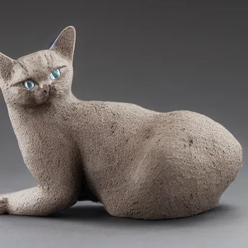 Prompt: medium - shot realistic slim clay cat, grey clay, full body, walking, rough, handmade, fingerprints on clay, masterpiece, artistic, museum, highly detailed, hq, by adam beane, by carl brenders
