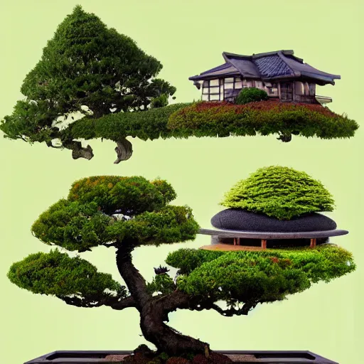 Prompt: cluster of houses on top of bonsai tree, artstation, digital art
