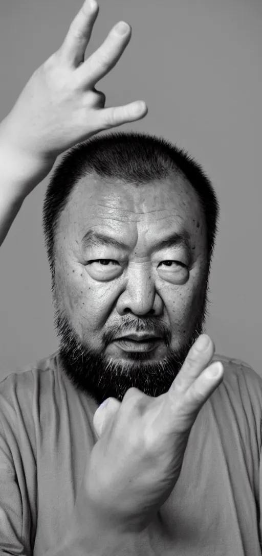 Prompt: Ai Weiwei looking angry into the camera showing his middle finger, blue soft light, 50 mm