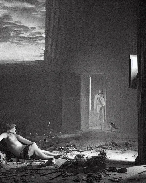 Prompt: turning and turning in the widening gyre, the falcon cannot hear the falconer, in the style of gregory crewdson, dark and moody