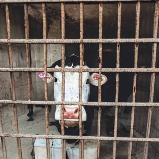 Image similar to dirty bottle of milk and a cow inside a cage, inside slaughterhouse