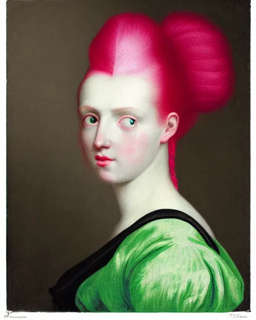 Image similar to photo-realistic portrait of a young pale woman with pink hair, wearing a neon green dress by Vivienne Westwood, intricate details, super-flat, in the style of James Jean, Jean Auguste Dominique Ingres, black background