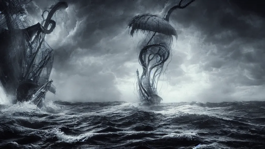 Prompt: giant Lovecraftian creature with large tentacles rising up from the ocean attacking a schooner, storm is raging, horror, creepy, unsettling, dark, eldritch, strange, photo realistic, stunning atmosphere, cinematic lighting, 4K, DSLR, filmic, HDR, hyperrealism, Unreal Engine, volumetric lighting, Darkart