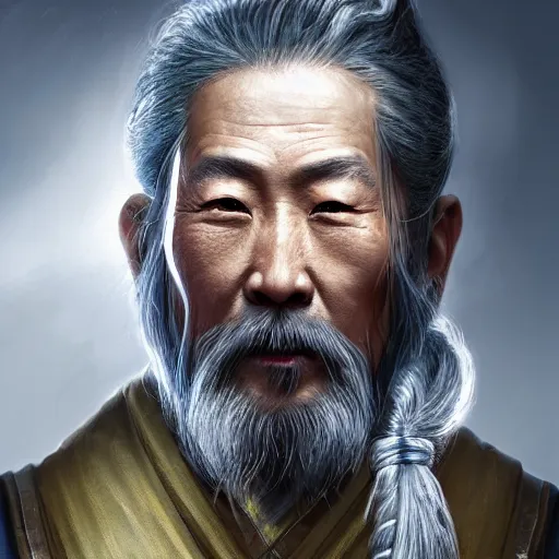 Image similar to portrait painting of a 6 0 year old kind handsome taoist priest, like runfa zhou, silver ponytail hair, amiable by wenjun lin, irakli nadar, bright colors, octopath traveler, wenjun lin, unreal engine 5 highly rendered, global illumination, radiant light, detailed and intricate environment