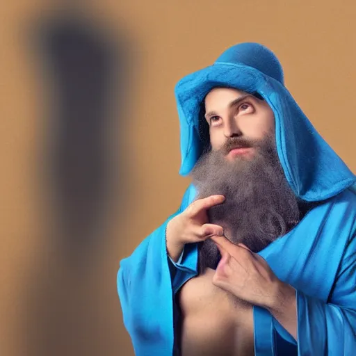 Image similar to handsome minion wearing a blue wizard robe and hat pondering a glowing orb