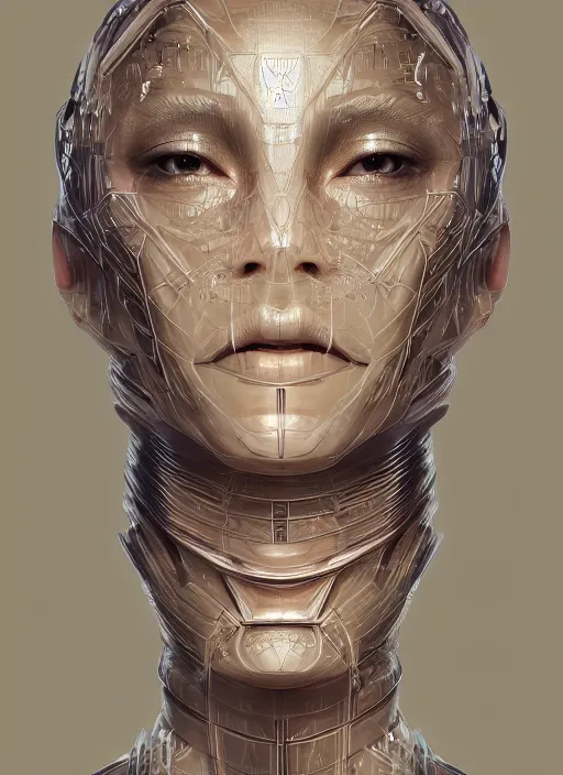Prompt: beautiful portrait of an alien cyborg, style of Feng Zhu, Artstation geometric, aesthetic, smooth skin, unique features, symmetrical, intricate crown, high fashion, streetwear, cyberpunk, detailed, octane render, cinematic, 8k, brown skin, full lips,