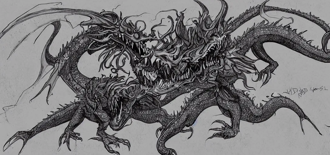 Image similar to concept art of dragon attack, lovecraftian, lots of teeth, melting horror, feathers, fighting the horrors of the unknown with laser guns