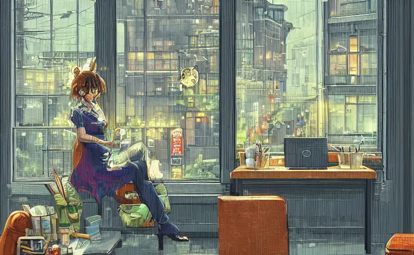 Image similar to Artstation Character sitting and relaxing in front of their work desk in their cozy room as a peaceful rainy city scene is seen through the room's window. Smooth Highly detailed masterpiece pixel-art. in the style of Close Highly detailed masterpiece professional artistry Sega, Namco, Neogeo, Capcom artist's Pixel-art. Trending on artstation. Slice-of-life genre art. Balanced colors and lighting scheme by James Gurney and artgerm. In the style of a 'Music to chill/study' to youtube video.