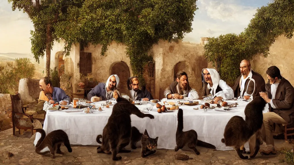 Prompt: humans with cat heads dressed in suits sitting around a table in the scene of the last supper, under the porch of a typical portuguese house, with typical alentejo landscape in the back, sunny morning, matte painting, oil canvas, photorealistic illustration, extreme detail, hyper realistic, highly detailed, digital art