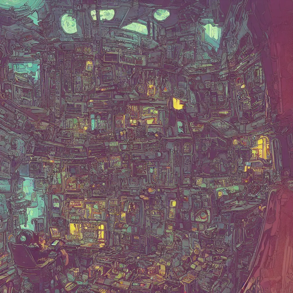 Image similar to Stunningly intricate illustration of a cyberpunk explorer playing video games in his treehouse, highly detailed, midnight, by Laurie Greasley,James Gilleard and Moebius,