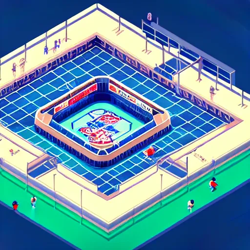 Prompt: Huge hockey arena game illustration, aerial view, isometric Voxel, pixel art, Blizzard, EASports, intricate, elegant, highly detailed, digital painting, artstation, concept art, smooth, sharp focus, art by Roman Klco and Shadow Run, brightly lit cinematic soft lighting, 4k