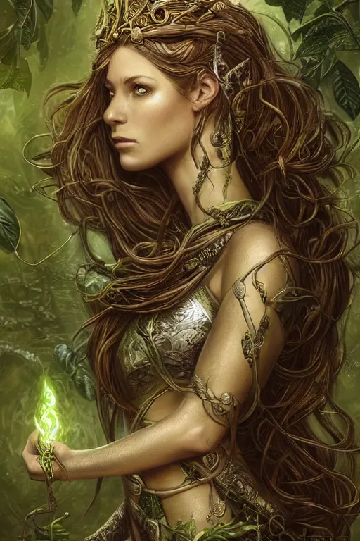 Image similar to a beautiful young woman, Vraska golgari queen, long flowing medusa hair, mostly green and brown leather pirate armor, young female face, vine like plants and jungle background, cinematic top lighting, insanely detailed and intricate, face by wlop, Charlie Bowater, golden ratio, symmetric, elegant, ornate, luxury, elite, matte painting, MTG, magic the gatheing, cinematic, cgsociety, 8k, high resolution