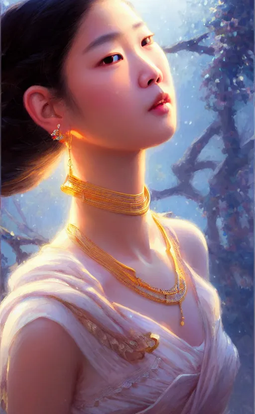 Image similar to a beautiful young charming asian goddess with sundress and jewelry | | winter, realistic shaded, unpleasant face, good looking, fine details, dior, lv, realistic shaded lighting poster by greg rutkowski, macoto takahashi, magali villeneuve, artgerm, jeremy lipkin and michael garmash