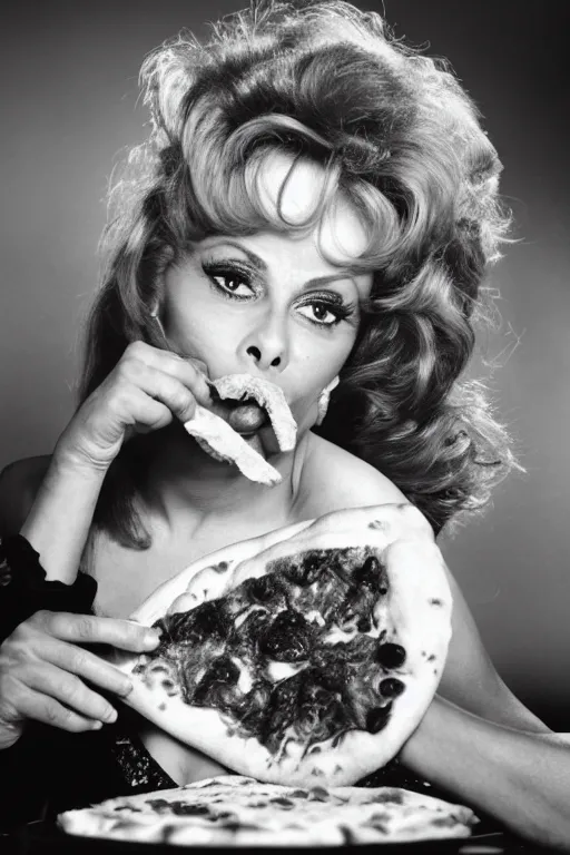 Image similar to professional studio photo of sophia loren eating!!! a pizza! margherita, closeup, portrait photo, diffuse light, muted colors, 5 0 mm, bokeh, acclaimed masterpiece