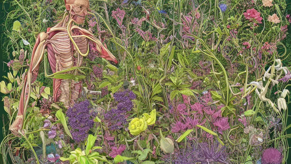 Image similar to highly detailed illustration of a single human anatomy body surrounded by all the known species of plants and flowers by juan gatti, by moebius!, by oliver vernon, by joseph moncada, by damon soule, by manabu ikeda, by kyle hotz, by dan mumford, by kilian eng