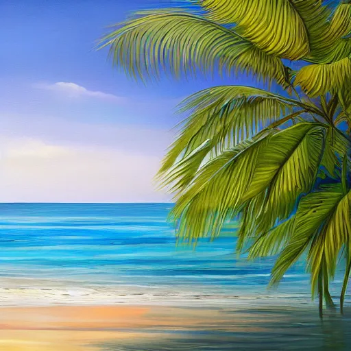 Image similar to A beautiful award winning painting of a tropical beach with palm trees and blue ocean, trending on artstation