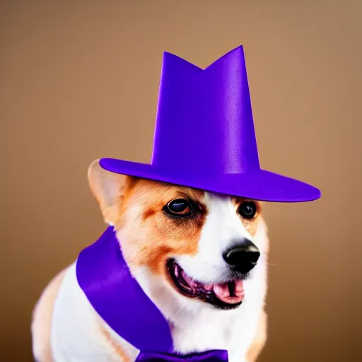 Image similar to a corgi wearing a purple party hat and a red bowtie, cinematic, ultra - hd