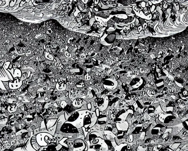 Image similar to A swarm of flying alien hippos animated by Pendleton Ward, extremely high detail, manga, ink