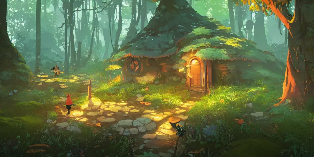 Image similar to magic hobbit mushrooms house in the woods, moss, lianna, jungles, by cory loftis & akihiko yoshida & james gilleard & atey ghailan & makoto shinkai & goro fujita & studio ghibli, rim light, exquisite lighting, clear focus, magic atmosphere, very coherent, plain background, soft painting