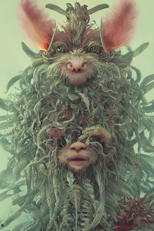 Prompt: a portrait of a plant japanese devil animal illustrated by miyazaki by karol bak, james jean, tom bagshaw, rococo, sharp focus, trending on artstation, cinematic lighting, hyper realism, octane render, 8 k, hyper detailed, vivid, ultra detailed, highly detailed